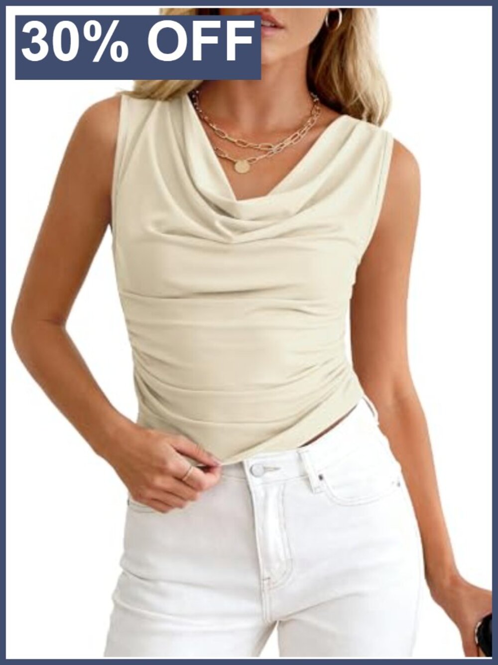 Cowl Neck Sleeveless Ruched Tank Top Slim Fit Summer Office Top